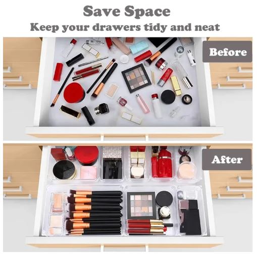 4 Pcs Clear Plastic Drawer Organizers Set, Bathroom and Vanity Drawer Trays, Plastic Lipstick Transparent Jewelry Storage Box Makeup Organizer Holder - Cosmetic Storage for Cosmetic Brush, Eyeliner, Nail Polish