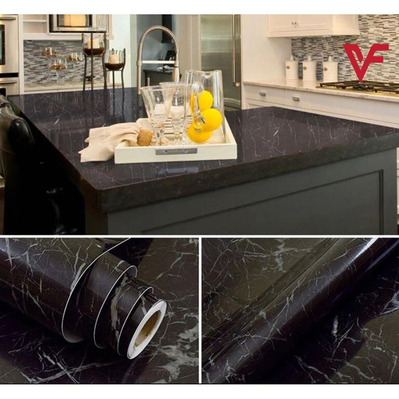 2 Mtr Roll Wall Paper Waterproof Heat Resistant Self Adhesive Black Marble Design Anti Oil Kitchen Wallpaper Marble Sheet for Kitchen Furniture Stickers PVC Wallpaper  Cabinets Gloss Film Vinyl 60x200 cm Marble Wall Sticker Sheet