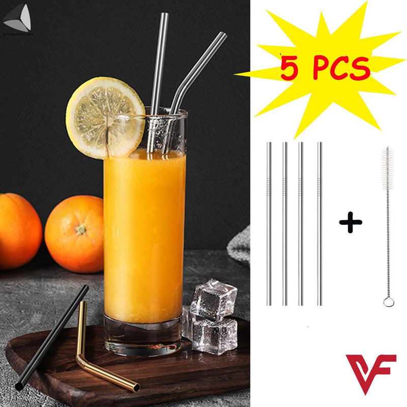 Pack Of 5 - 4 Straight Stainless Steel Reusable Drinking Straws with FREE Cleaning Brush Metal SS Straws Eco-Friendly Durable Kitchen Utensils Metal Drinkware For Dining Smoothies Milkshake Drinks Tea Milk Cocktails Flexible Bendable Reusable Straw