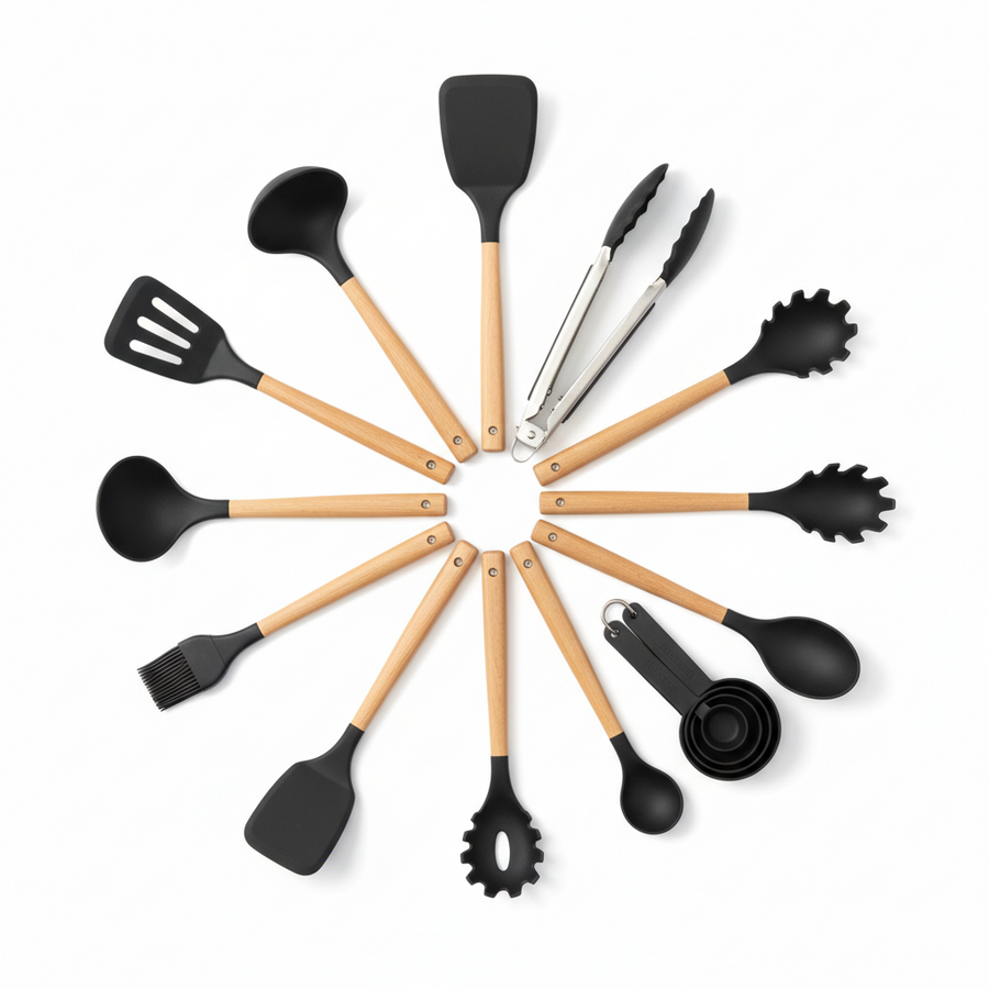 12 Pcs Silicone Cooking Utensils Kitchen Set Heat Utensil Resistant Non-Toxic BPA Free Spatula Set with Turner Tongs,Spoon,Brush,Whisk-Wooden Handles Kitchen Gadgets Tools Set for Nonstick Cookware